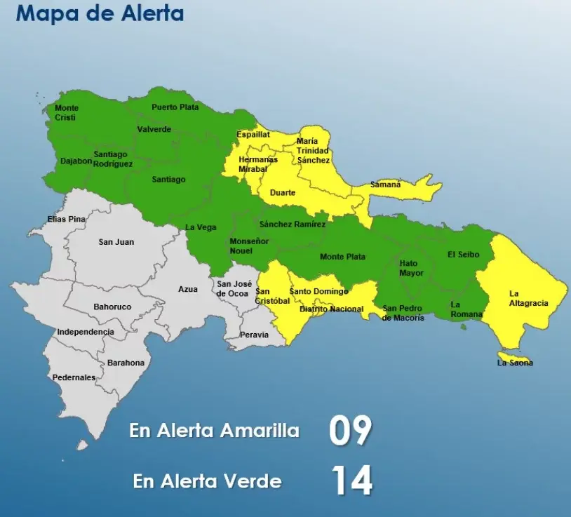 COE incrementa 9 provincias a alerta amarilla; mantiene 14 en verde por vaguada